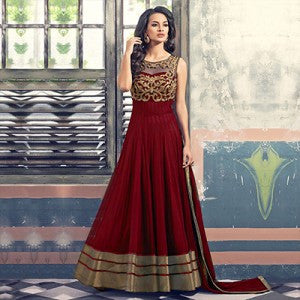 Dark Red Net Anarkali