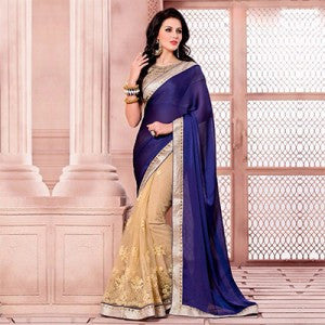 Cream - Blue Saree