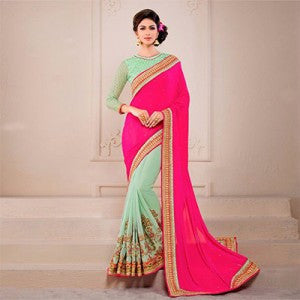Pink - Light Pista Saree
