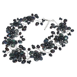 Sterling Silver 'Lace Sakura' Black Pearl Flower Necklace