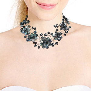 Sterling Silver 'Lace Sakura' Black Pearl Flower Necklace